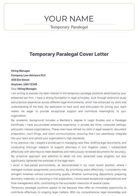 Free Temporary Paralegal Cover Letter Template to Edit Online