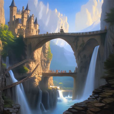 "A suspension bridge between rocks; a bubbling stream below; a ...