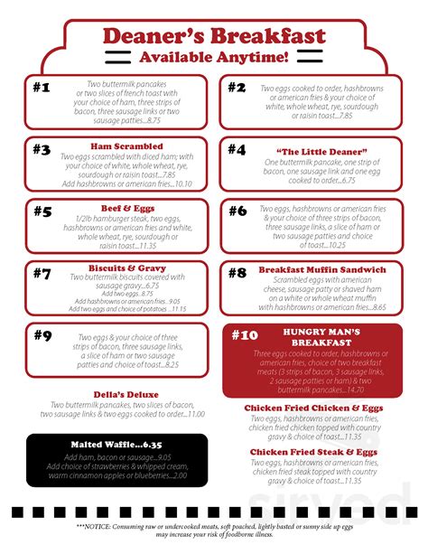 Deaner's Diner menu in West Fargo, North Dakota, USA