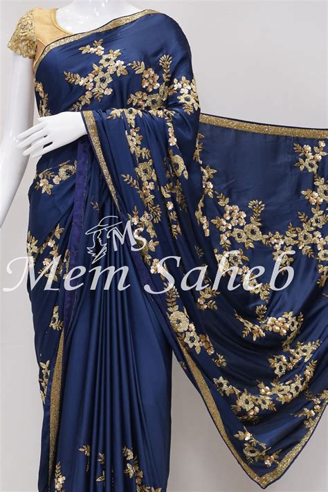 Saree Indigo Blue Satin Silk with Bouquet Style Hand Embroidery - MemSaheb