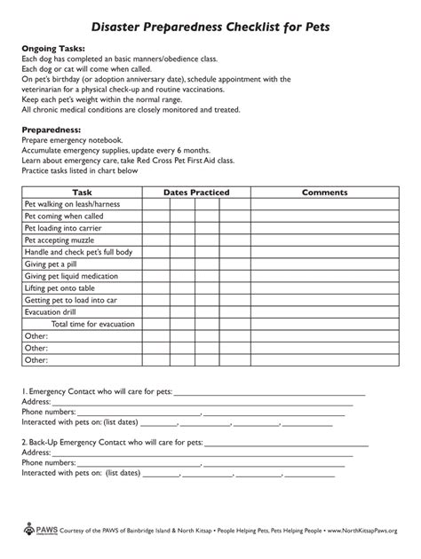 Fillable Online pawsbainbridge Disaster Preparedness Checklist for Pets ...