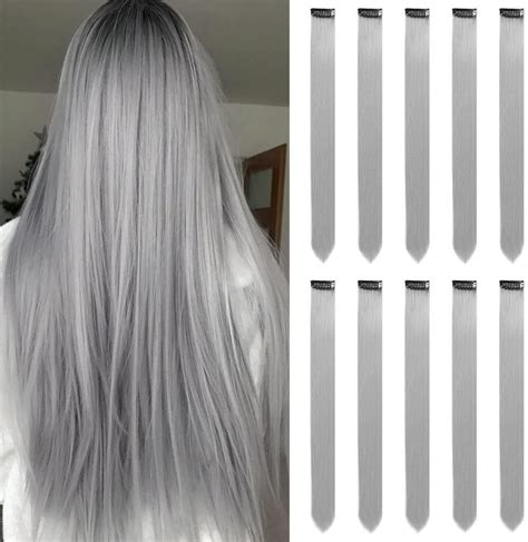 Grey Hair Extensions Clip In for Girls 22 Inch Colorful Straight Hair ...
