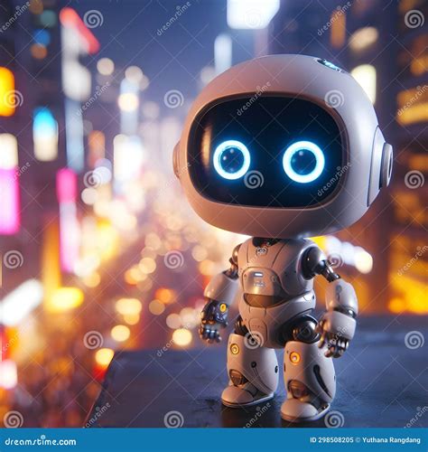 Robot on the Road in the City at Night. 3d Rendering Stock Illustration ...
