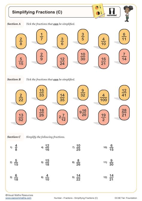 Simplifying Fractions (C) Worksheet | Cazoom Maths Worksheets