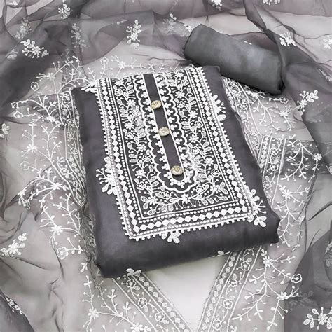 Grey Floral Embroidered Organza Dress Material