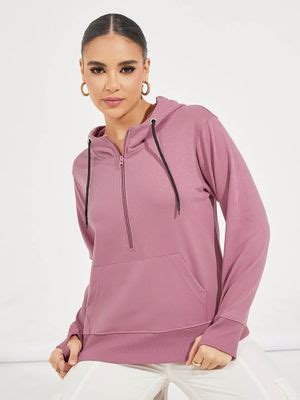 Buy Styli Women Pink Regular Length Regular Fit- Half Zipper Sweatshirt ...