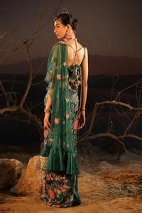 Buy Green Printed And Embroidered Blossom Satin Panelled Pre-draped ...