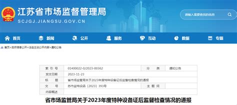 常州市市场监督管理局 - 江苏省市场监管局发布关于2023年度特种设备证后监督检查情况的通报