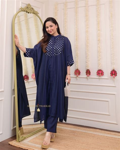 Navy Blue 2 Piece Cotton Silk Embroidered Festive Kaftan Set For Women ...