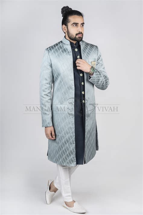 Turquoise Blue Silk Embroidery Sherwani Set – MagalVivah