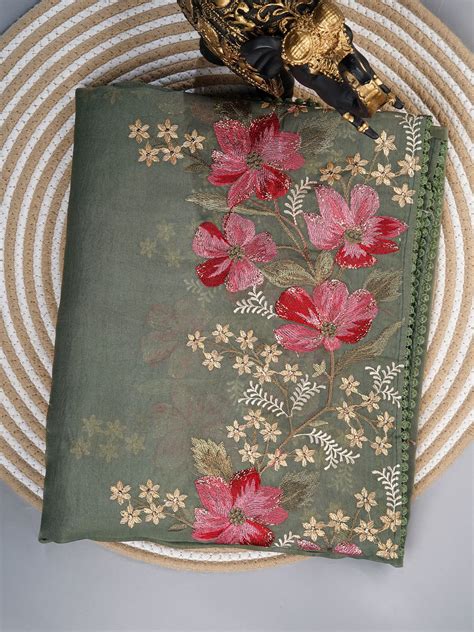 Soft organza saree with thread work butties and lace border - Green ...