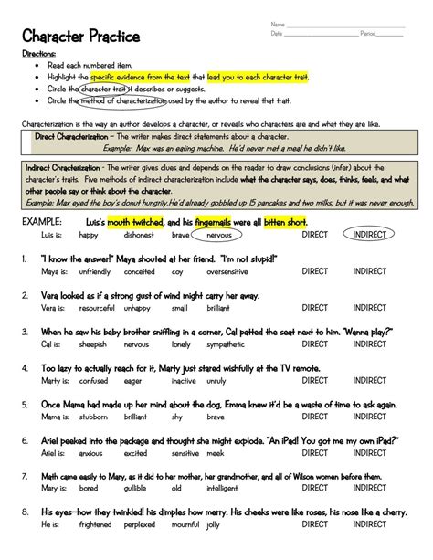 Direct And Indirect Characterization Worksheets Worksheets | Worksheet Hero