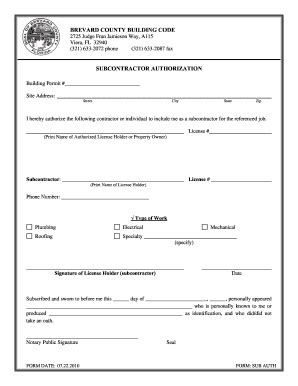 2021-2026 Form FL Subcontractor Authorization - Brevard County - Blank ...