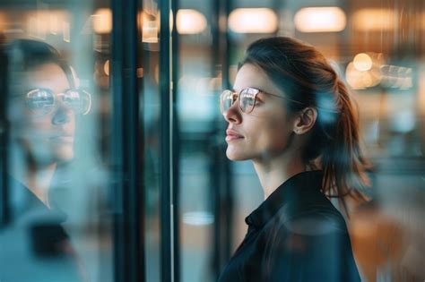 A businesswoman in a modern glass office standing and looking out the ...