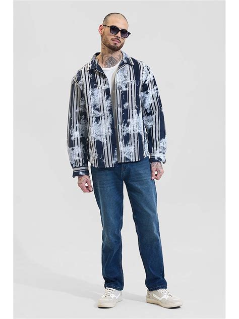 Buy Snitch Navy Blue Stripes Relaxed Fit Shirt Online
