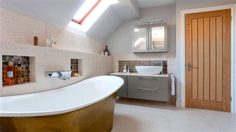 Unusual dream bathroom furnished in natural shades
