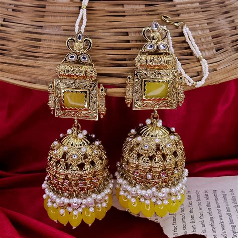 Simona Oversize Jhumka With Kanchain - Yellow – Kuvar Jewels