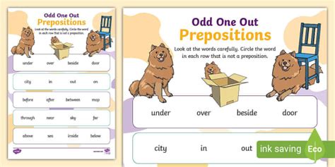 Prepositions Odd One Out Worksheet