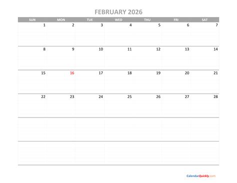 February Calendar 2026 Printable | Calendar Quickly