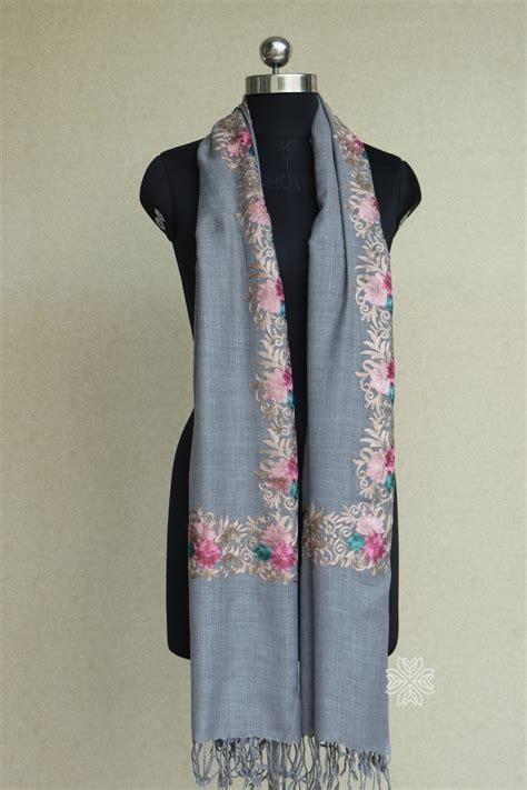 Grey Woolen Aari Stole | Kashmiri Woolen Wrap | Imperial Weaves