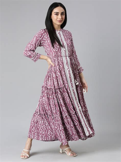 Neerus Purple Ethnic Printed Chiffon Flared Dress for Casual Women ...