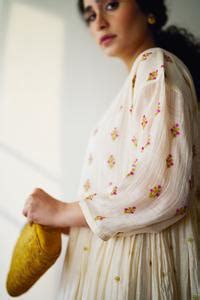 Buy Ivory Chanderi Embroidery Round Neck Coral Vine Gathered Anarkali ...