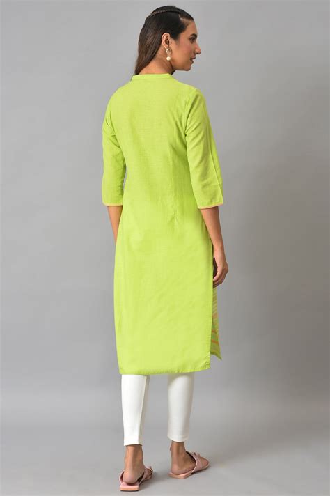 Buy Green Mandarin Collar Yarn-Dyed kurta Online for Woman | Shop for ...