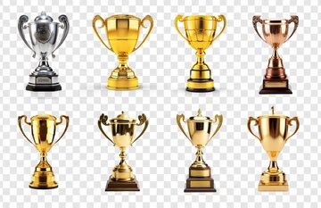A set of shiny trophy with the word champion engraved on transparency ...