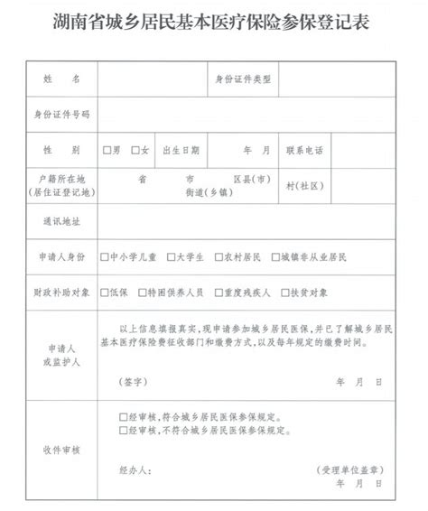 湖南省城乡居民基本医疗保险参保登记表模板- 长沙本地宝