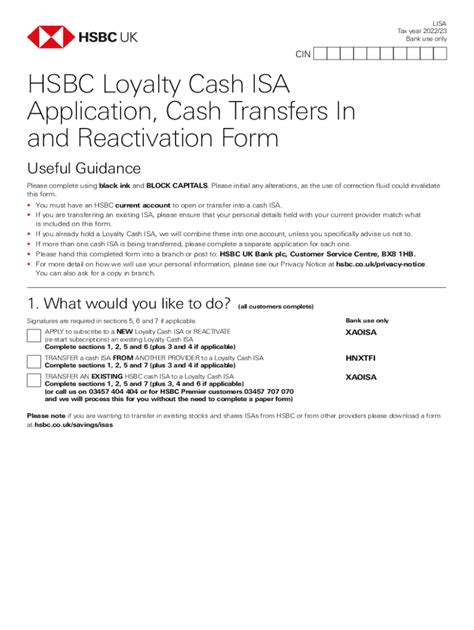 Fillable Online HSBC Loyalty Cash ISA Application, Cash Transfers In ...