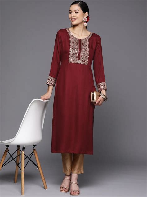 Buy Maroon Yoke Design Wool Straight Kurta Online at $24.00 USD | ShopLibas