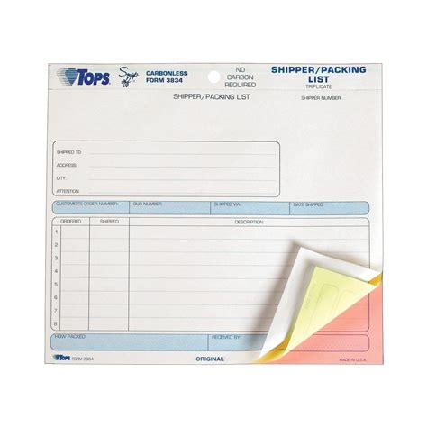 TOPS Shipper/Packing List Form, Triplicate, Carbonless, 8.5 x 7 Inches ...