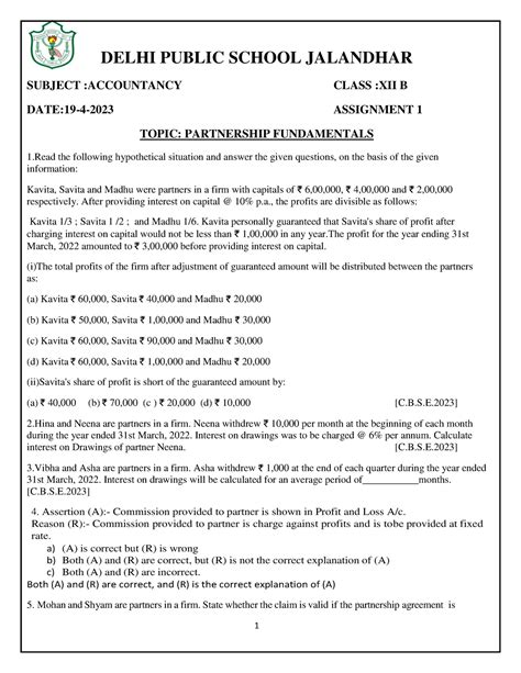 Ch1 Assignment - Partnership - 1 DELHI PUBLIC SCHOOL JALANDHAR SUBJECT ...