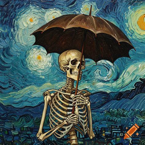 Skeleton with umbrella and rain cloud in Van Gogh style on Craiyon