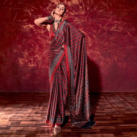 Maroon Printed Satin Saree