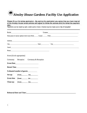 Ainsley House Gardens Facility Use Application Doc Template | pdfFiller