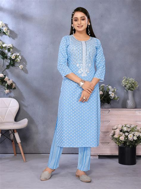 Rayon Embroidered Straight Calf Length Kurta with Pant –Rangita