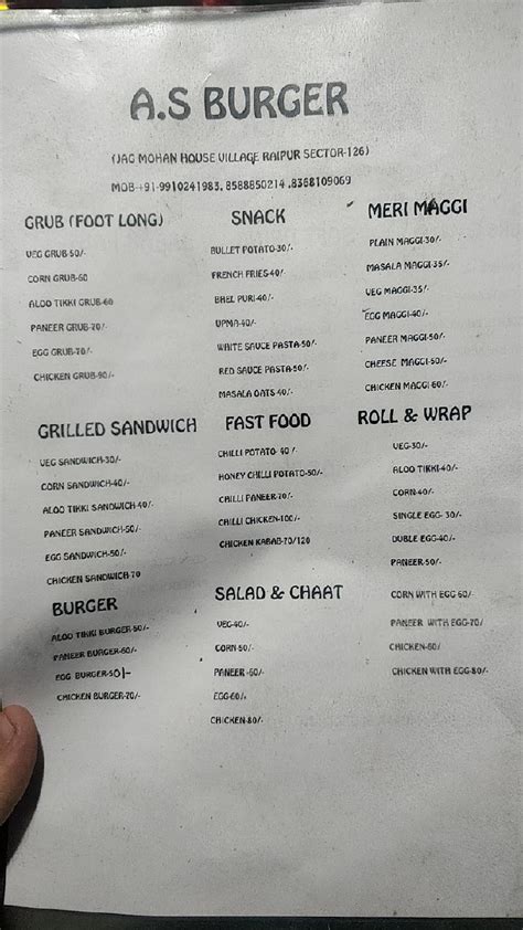 Menu at A.S Burger, Noida