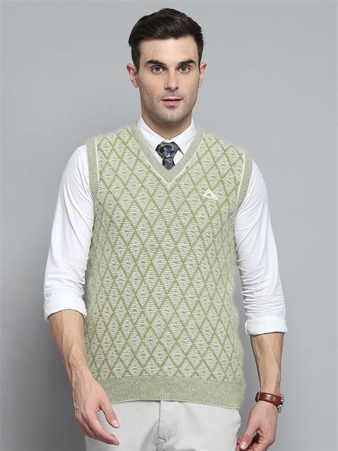 Buy Men Green Self Design V Neck Sleeveless Sweater Online in India ...