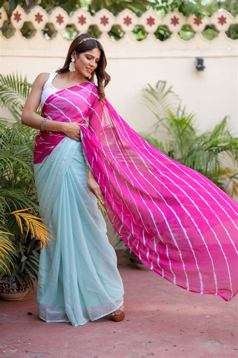 Tranquil Rose Sky (Lehriya Chiffon Saree in Soft Pink Blue) – DiraByDimple