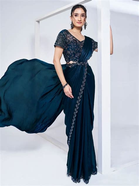 ⚡️Buy Enchanting Teal Blue Lace Work Satin Pre-Stitched Saree With ...