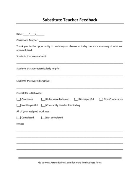 free printable substitute teacher feedback forms
