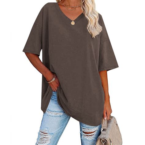 ALLLIST Womens Tops V Neck Brown Elbow-Length T-Shirts Plain Oversized ...