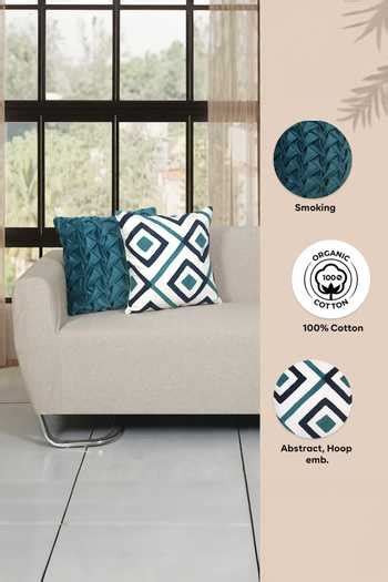 Buy Blue Velvet Textured Smocked And Tufted 5 Pcs Cushion Covers by Ode ...