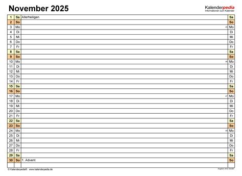 Kalender November 2025 als PDF-Vorlagen