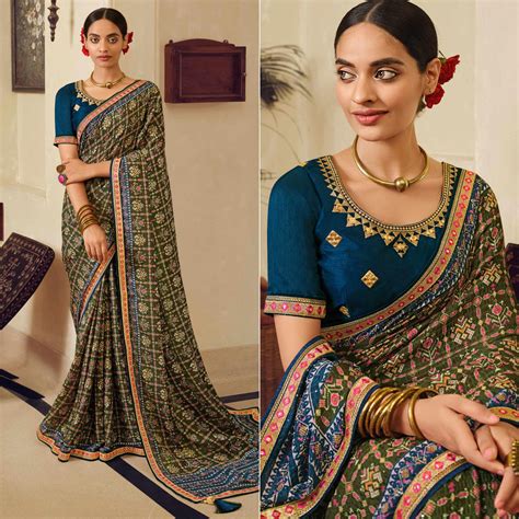 Olive Green Printed With Embellished Chiffon Saree With Tassels