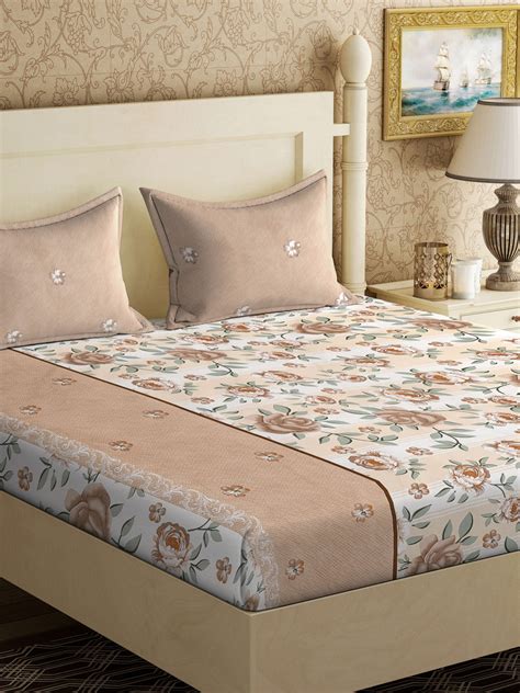 Klotthe Brown Floral 300 TC Cotton Blend Double Bedsheet with 2 Pillow ...