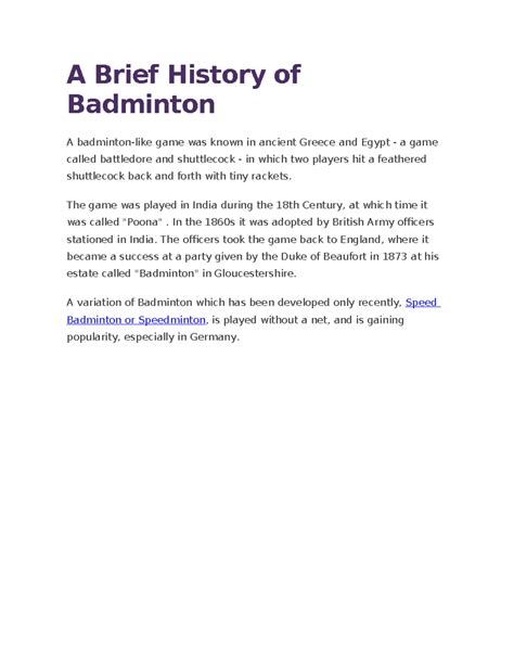 A Brief History of Badminton - A Brief History of Badminton A badminton ...