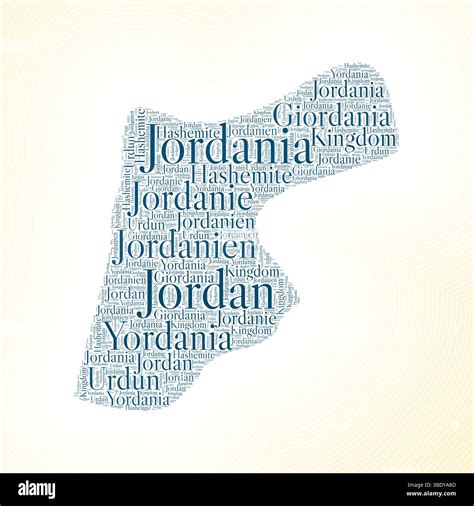 Jordan shape formed by country name in multiple languages. Jordan border on stylish striped ...