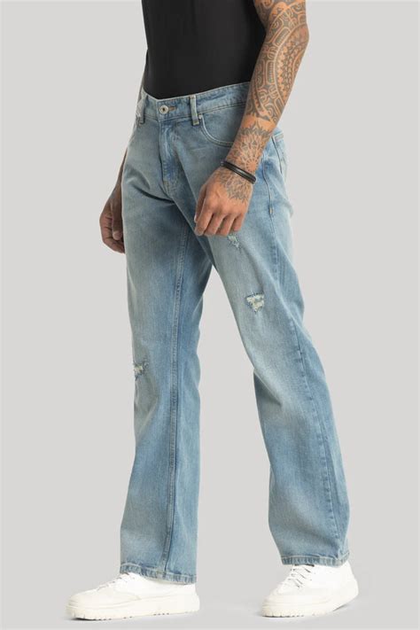 Buy Men's Vanguard Light Blue Distressed Bootcut Jeans Online | Snitch ...
